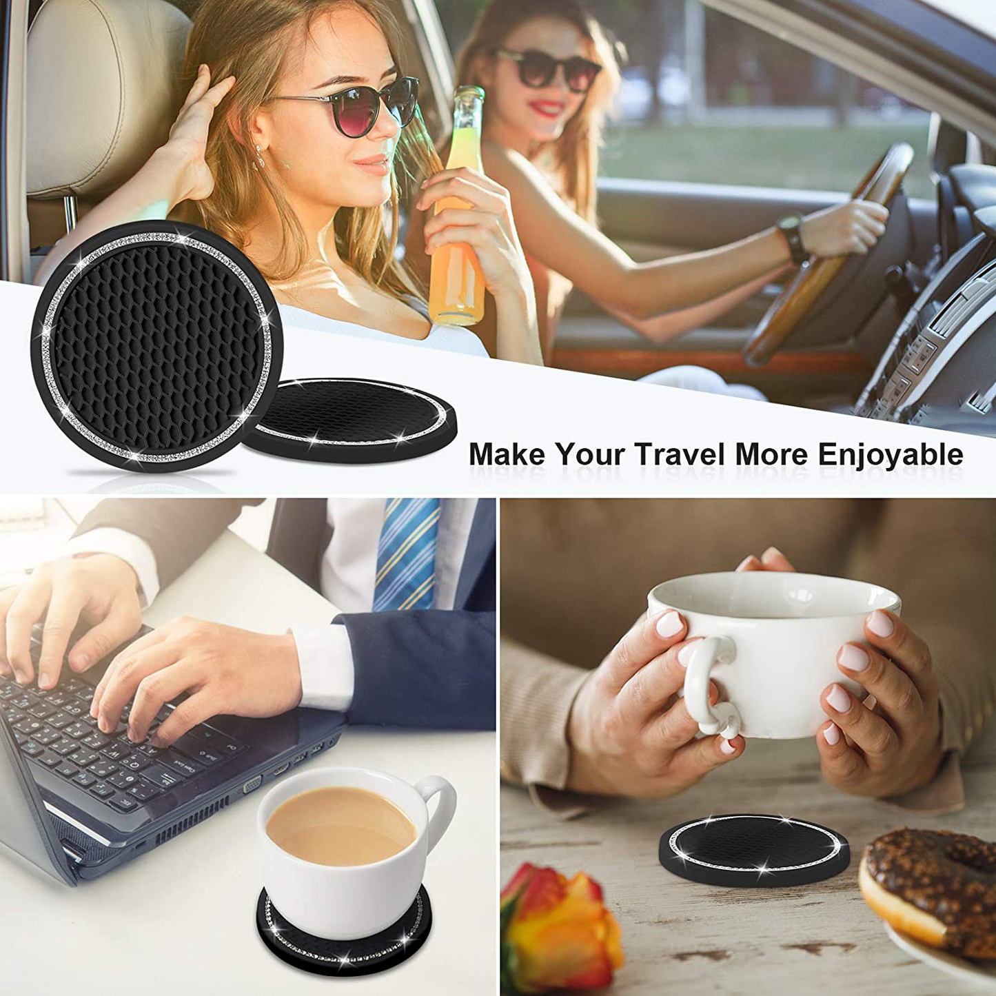 Bling Car Coaster, SHANSHUI 6 Pack Universal Vehicle Cup Holders for Car Cute Silicone Anti-Slip Insert Coaster Crystal Rhinestone Interior Accessories Suitable for Most Cars (Black/ 6Pcs)
