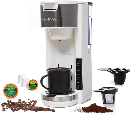 Mixpresso Single Serve 2 in 1 Coffee Brewer K-Cup Pods Compatible & Ground Coffee,Compact Coffee Maker Single Serve With 30 oz Detachable Reservoir, 5 Brew Size and Adjustable Drip Tray ( (Grey)
