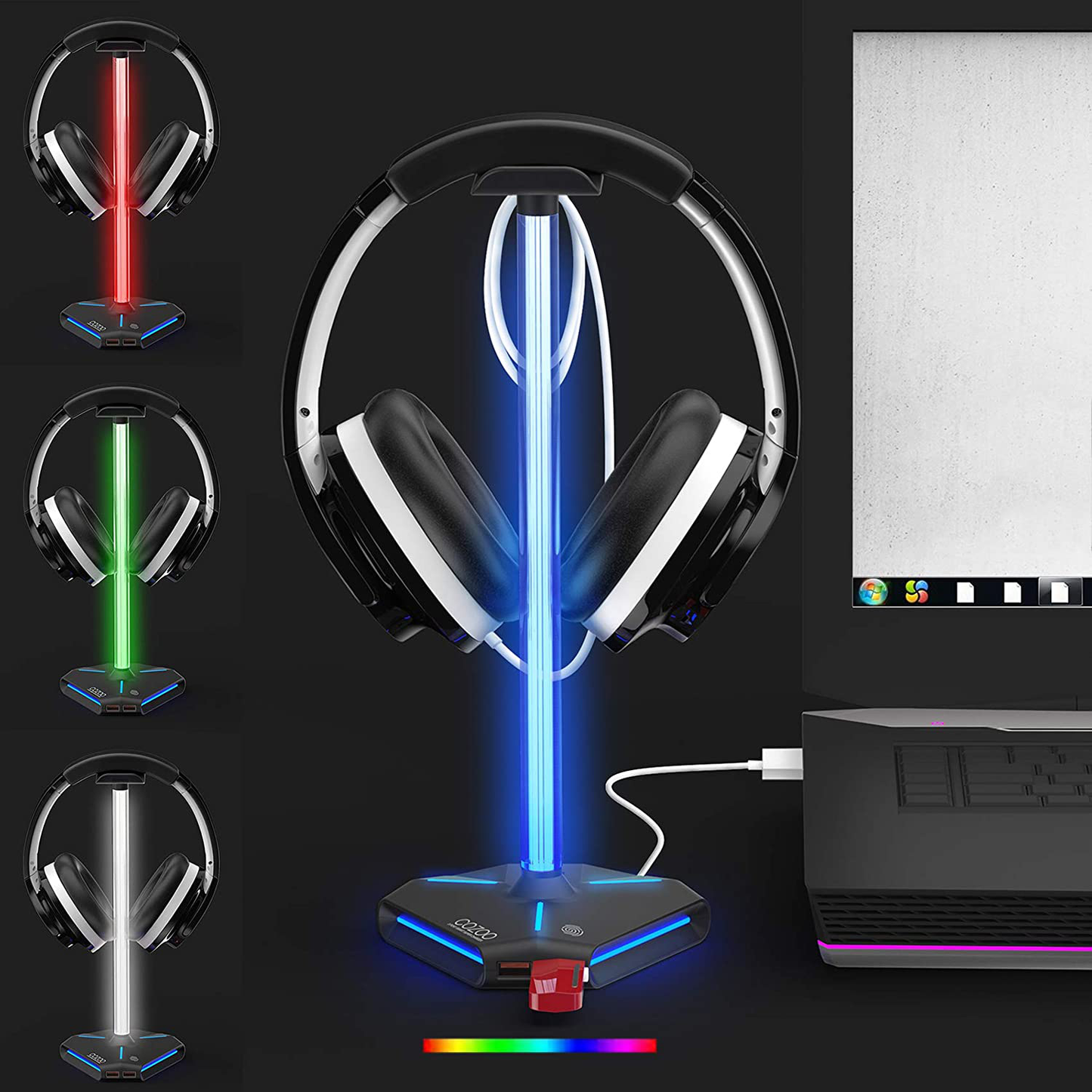 COZOO RGB Headphone Stand with 2 USB2.0 Extension Charging Port Extender Cord,Headset Stand Holder for Gamer Desktop Table Game Earphone Accessories