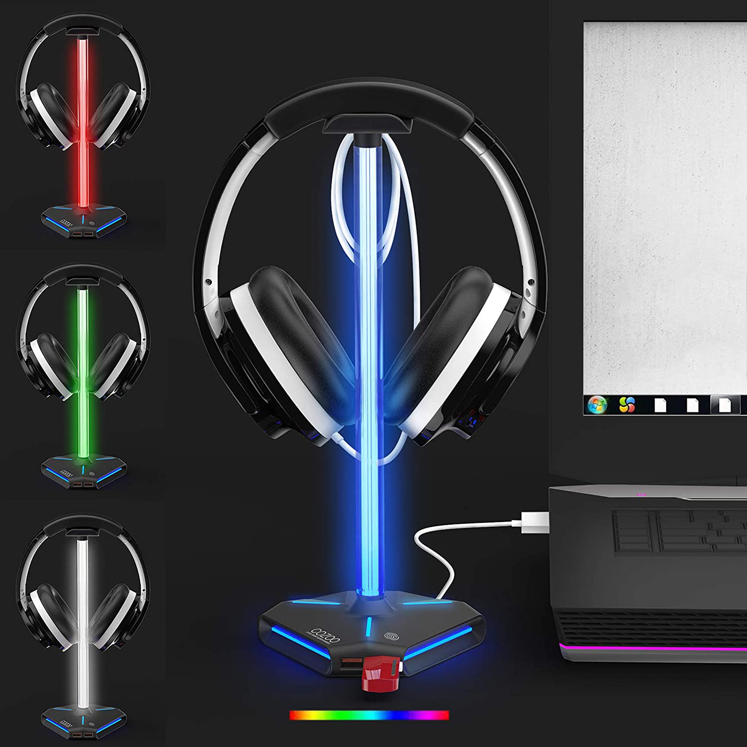 COZOO RGB Headphone Stand with 2 USB2.0 Extension Charging Port Extender Cord,Headset Stand Holder for Gamer Desktop Table Game Earphone Accessories