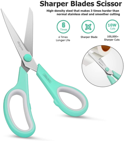 Scissors, iBayam 8" Multipurpose Scissors Bulk 3-Pack, Ultra Sharp Blade Shears, Comfort-Grip Handles, Sturdy Sharp Scissors for Office Home School Sewing Fabric Craft Supplies, Right/Left Handed