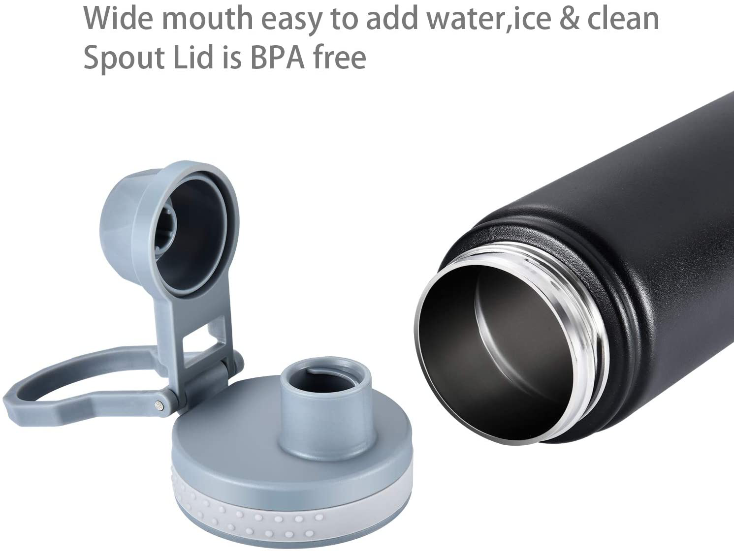 Stainless Steel Vacuum Insulated Water Bottle,Wide Mouth Metal Water Bottle,Black Double Wall with Leak Proof Spout Lid, BPA Free,18oz
