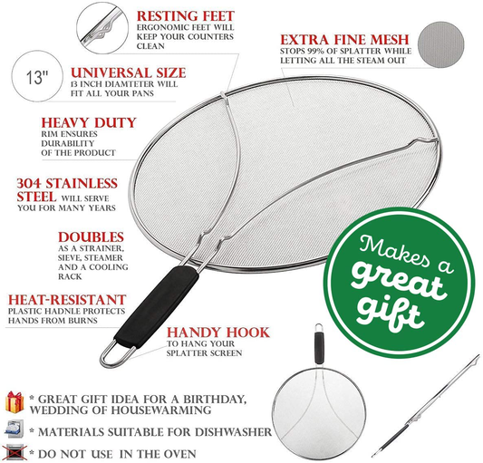 Grease Splatter Screen for Frying Pan 13" - Stops 99% of Hot Oil Splash - Protects Skin from Burns - Splatter Guard for Cooking - Iron Skillet Lid Keeps Kitchen Clean - Stainless Steel