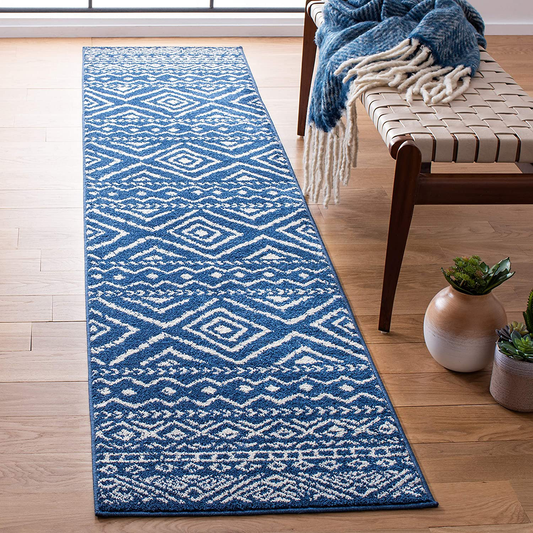 Safavieh Tulum Collection TUL267N Moroccan Boho Distressed Non-Shedding Stain Resistant Living Room Bedroom Runner, 2' x 11' , Navy / Ivory