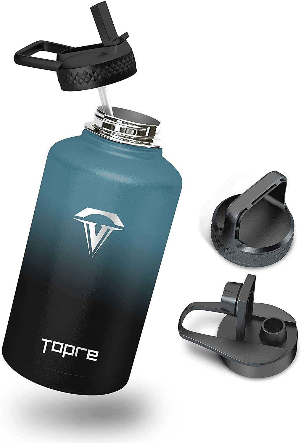 64 oz Insulated Water Bottle, Topre Half Gallon Vacuum Stainless Steel Sports Water Jug with 3 Lids & Brushes, BPA-free Reusable Triple Walled Thermo Mug Canteen for Sports Outdoor Camping, Black