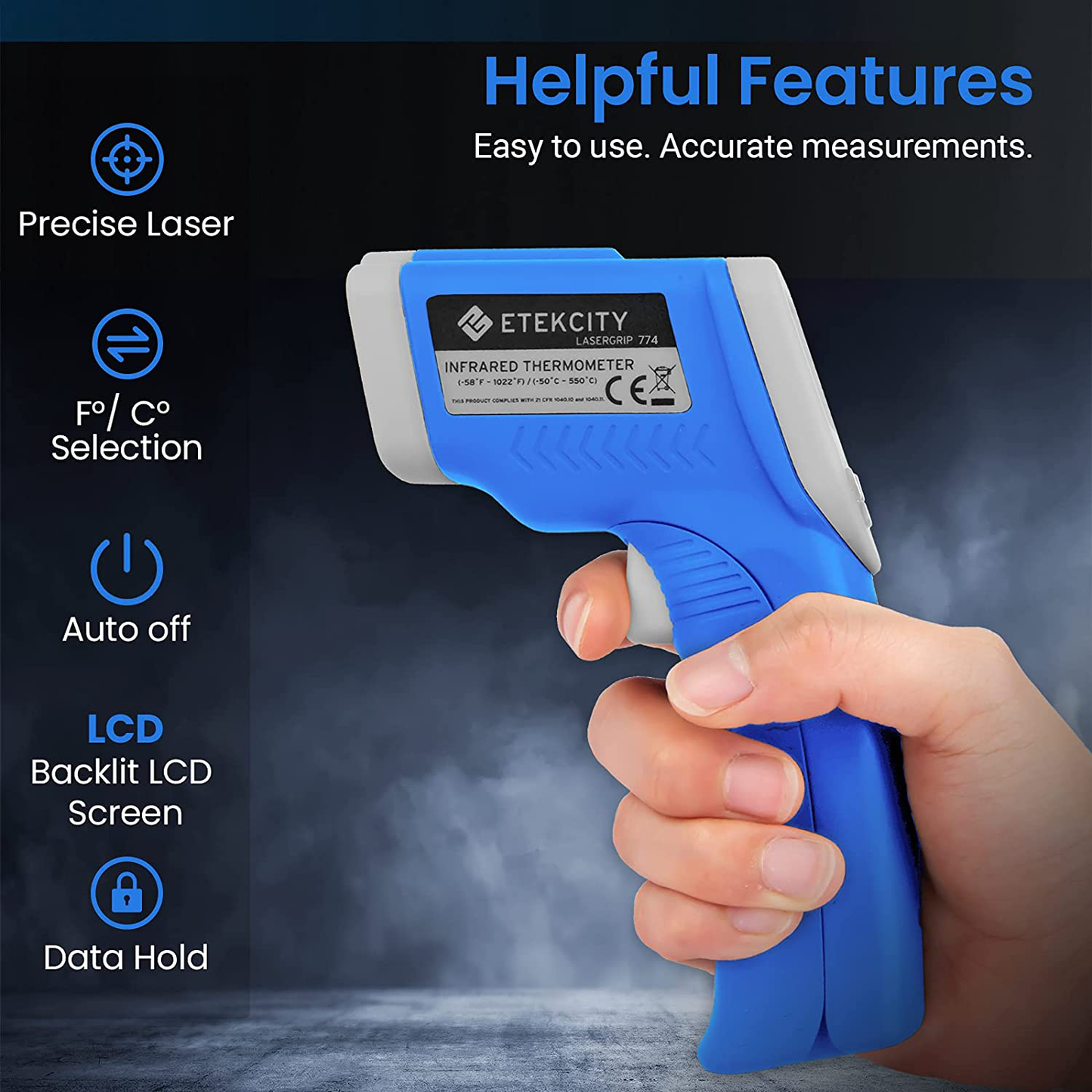 Etekcity Gun Non-contact-58°F ~1022°F (-50°C ~ 550°C) ith Adjustable Emissivity & Max Measure for Meat Refrigerator Pool Oven, Blue
