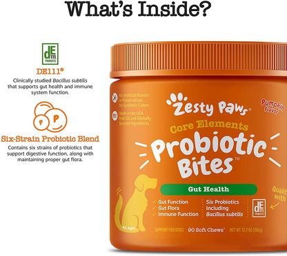 Zesty Paws Probiotic for Dogs - Probiotics for Gut Flora, Digestive Health, Occasional Diarrhea & Bowel Support - Clinically Studied DE111 - Functional Dog Supplement Soft Chews for Pet Immune System