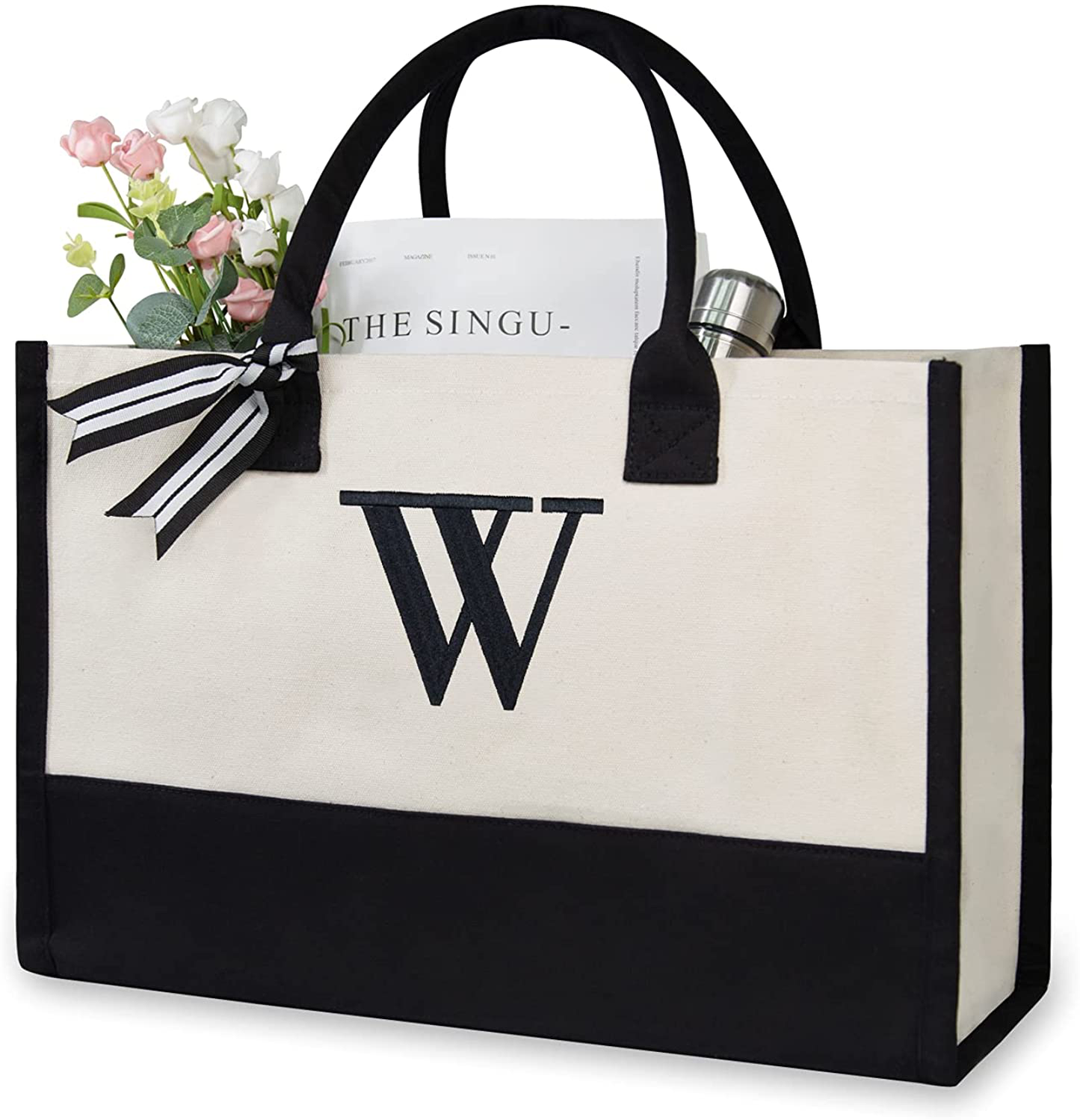 Personalized Initial Canvas Beach Bag, Monogrammed Gift Tote Bag for Women