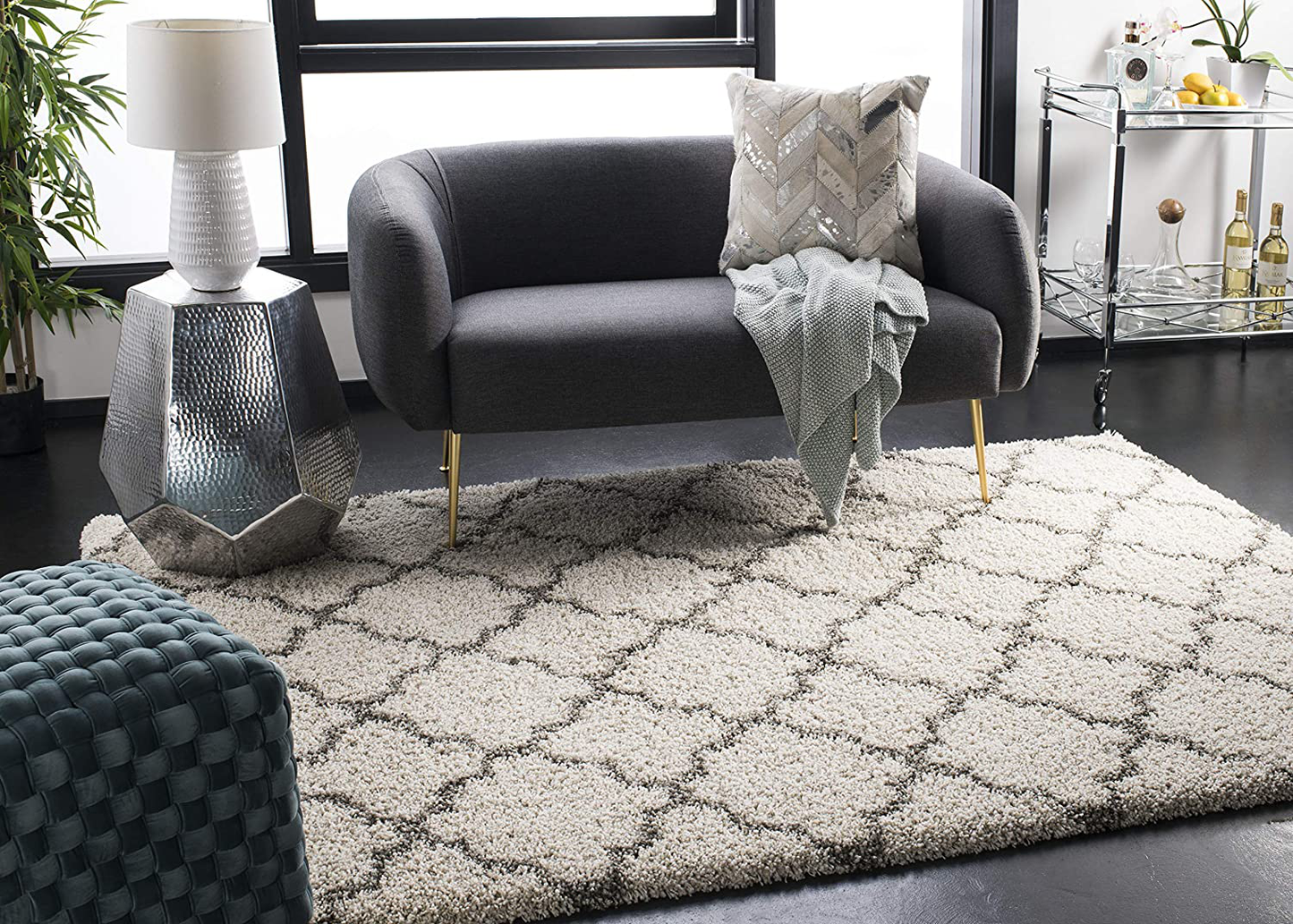 SAFAVIEH Hudson Shag Collection SGH282A Moroccan Trellis Non-Shedding Living Room Bedroom Dining Room Entryway Plush 2-inch Thick Runner, 2'3" x 6' , Ivory / Grey