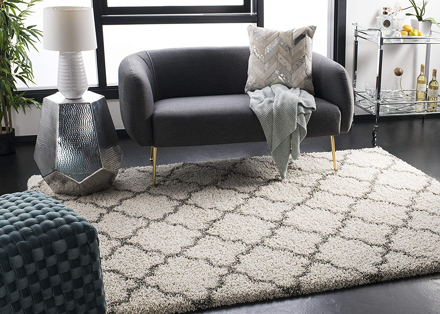SAFAVIEH Hudson Shag Collection SGH282A Moroccan Trellis Non-Shedding Living Room Bedroom Dining Room Entryway Plush 2-inch Thick Runner, 2'3" x 6' , Ivory / Grey