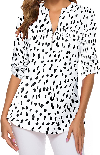 LuckyMore Womens V Neck Zip Cuffed Sleeve Flowy Business Casual Work Tunic Tops Shirts Blouse