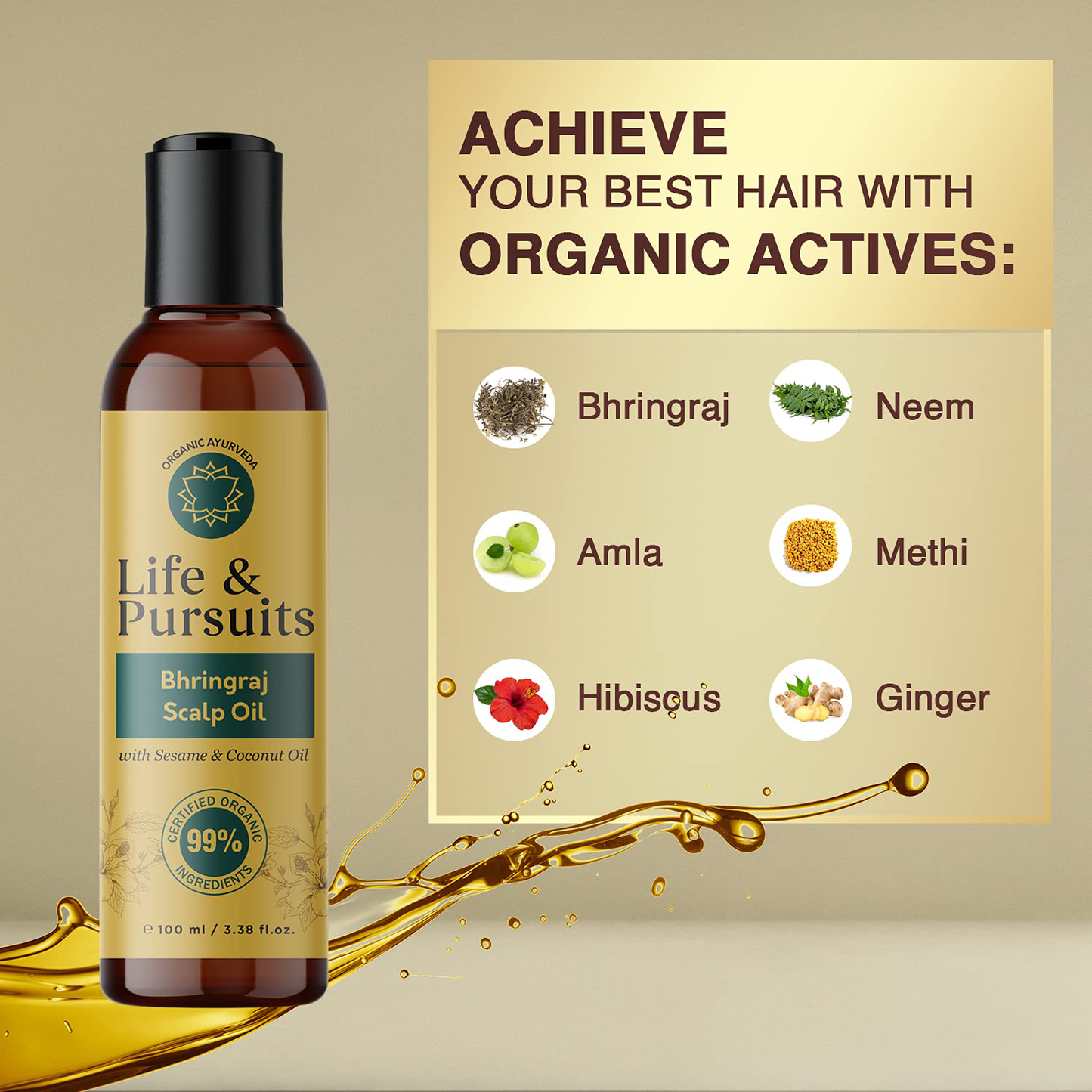 Life & Pursuits Organic Hair Growth Oil (3.38 fl oz) - Ayurvedic Scalp Therapy Oil for Healthy Hair, Goodness of Bhringraj, Amla, Coconut, Sesame, Almond, Onion, & Castor Oil