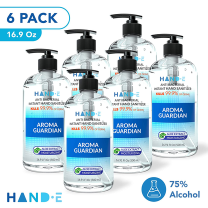Hand-E Hand Sanitizer Gel Pump - 6 Pack, 16 oz Large Pump Bottle - 75% Ethyl Alcohol Based Instant Sanitizing Gel With Moisturizing Aloe - Kills 99.9% of Germs - Rinse Free