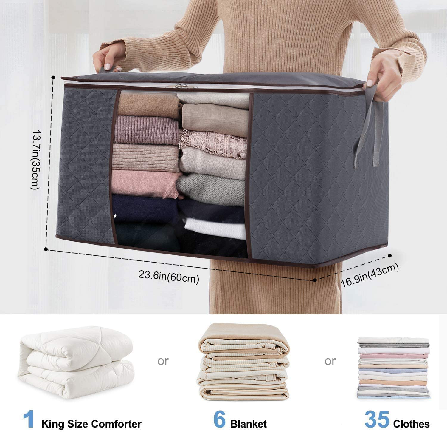 Lifewit Large Capacity Clothes Storage Bag Organizer with Reinforced Handle Thick Fabric for Comforters, Blankets, Bedding, Foldable with Sturdy Zipper, Clear Window, 6 Pack, 90L, Grey