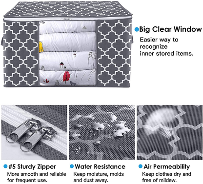WISELIFE Clothes Storage Bags 100L [3 Pack ], Large Capacity Blanket Storage Containers Organizers for Comforters,Bedding,Clothing,Foldable 3 Layer Fabric,Sturdy Zippers,Reinforced Handle,Clear Window,Grey