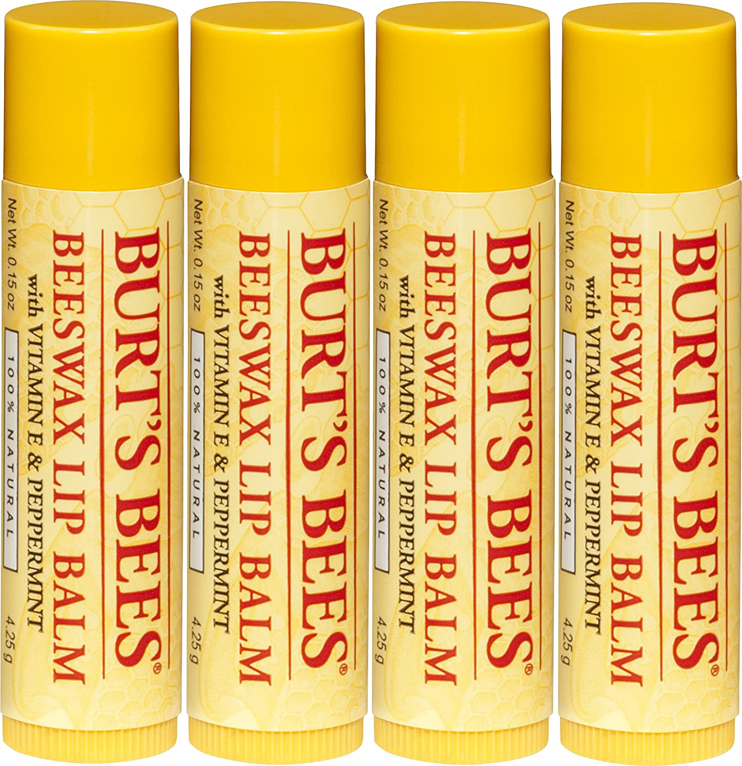Burt's Bees 100% Natural Moisturizing Lip Balm, Original Beeswax with Vitamin E & Peppermint Oil – 4 Count