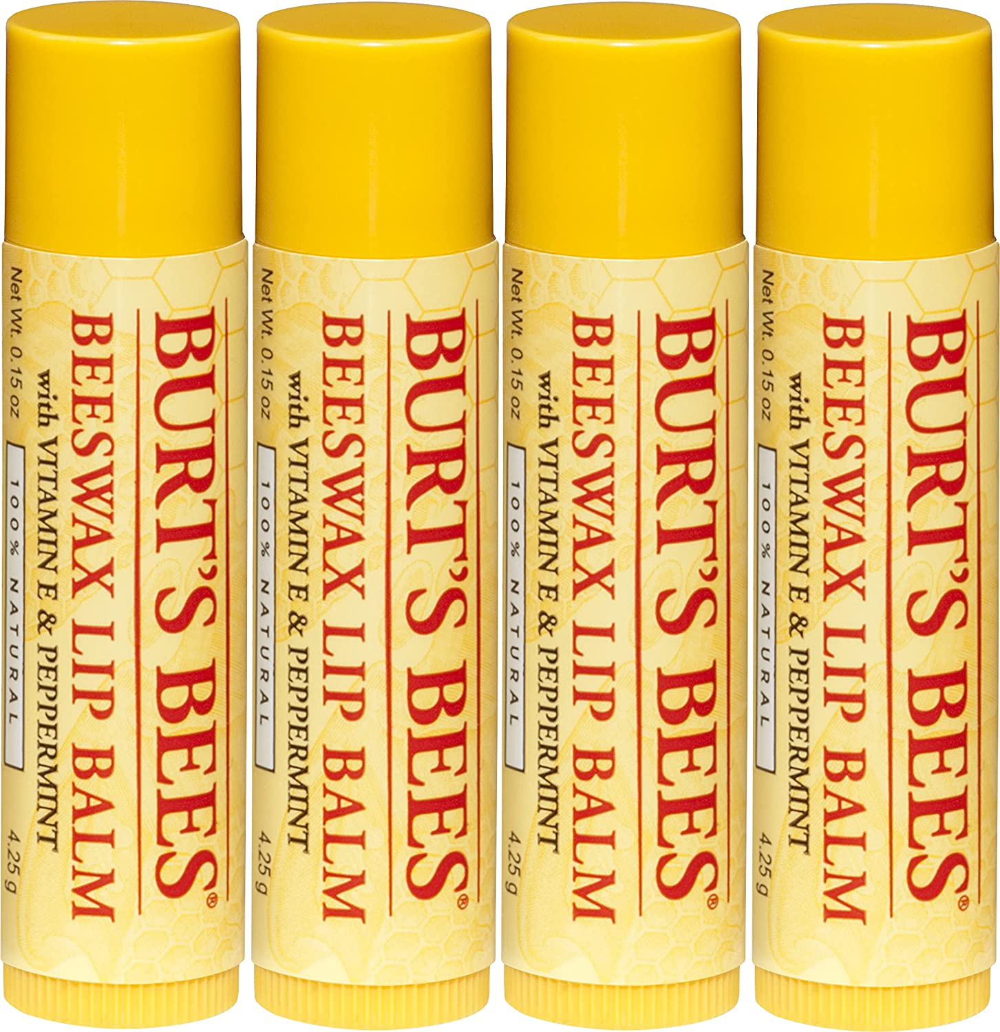 Burt's Bees 100% Natural Moisturizing Lip Balm, Original Beeswax with Vitamin E & Peppermint Oil – 4 Count