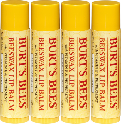 Burt's Bees 100% Natural Moisturizing Lip Balm, Original Beeswax with Vitamin E & Peppermint Oil – 4 Count