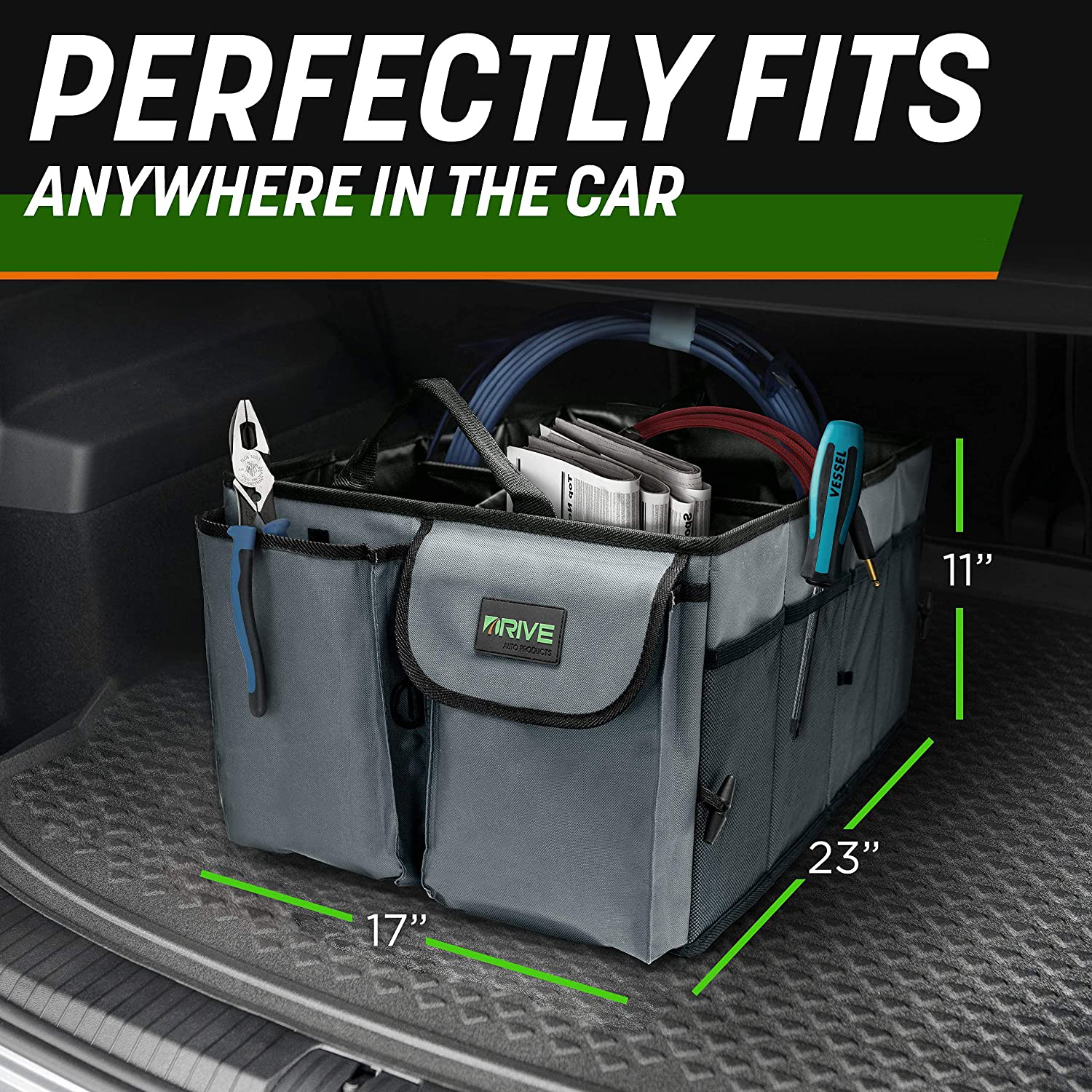 Drive Auto Trunk Organizers and Storage - Collapsible Multi-Compartment Car Organizer w/ Adjustable Straps