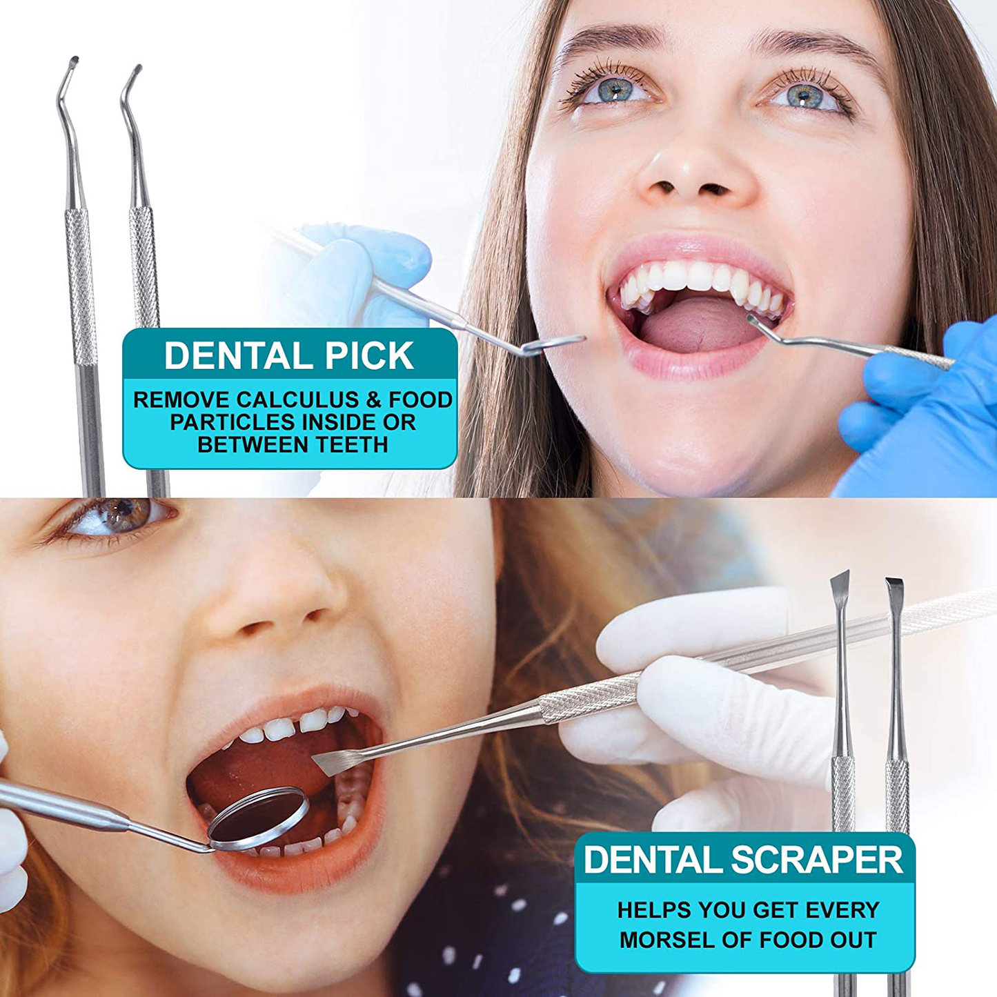 Dental Tools, 6 Pack Teeth Cleaning Tools Stainless Steel Dental Scraper, Scaler Pick Hygiene Set with Mouth Mirror, Tweezer Kit for Dentist, Personal Using, Pets - Tooth Tartar Plaque Scraper Remover