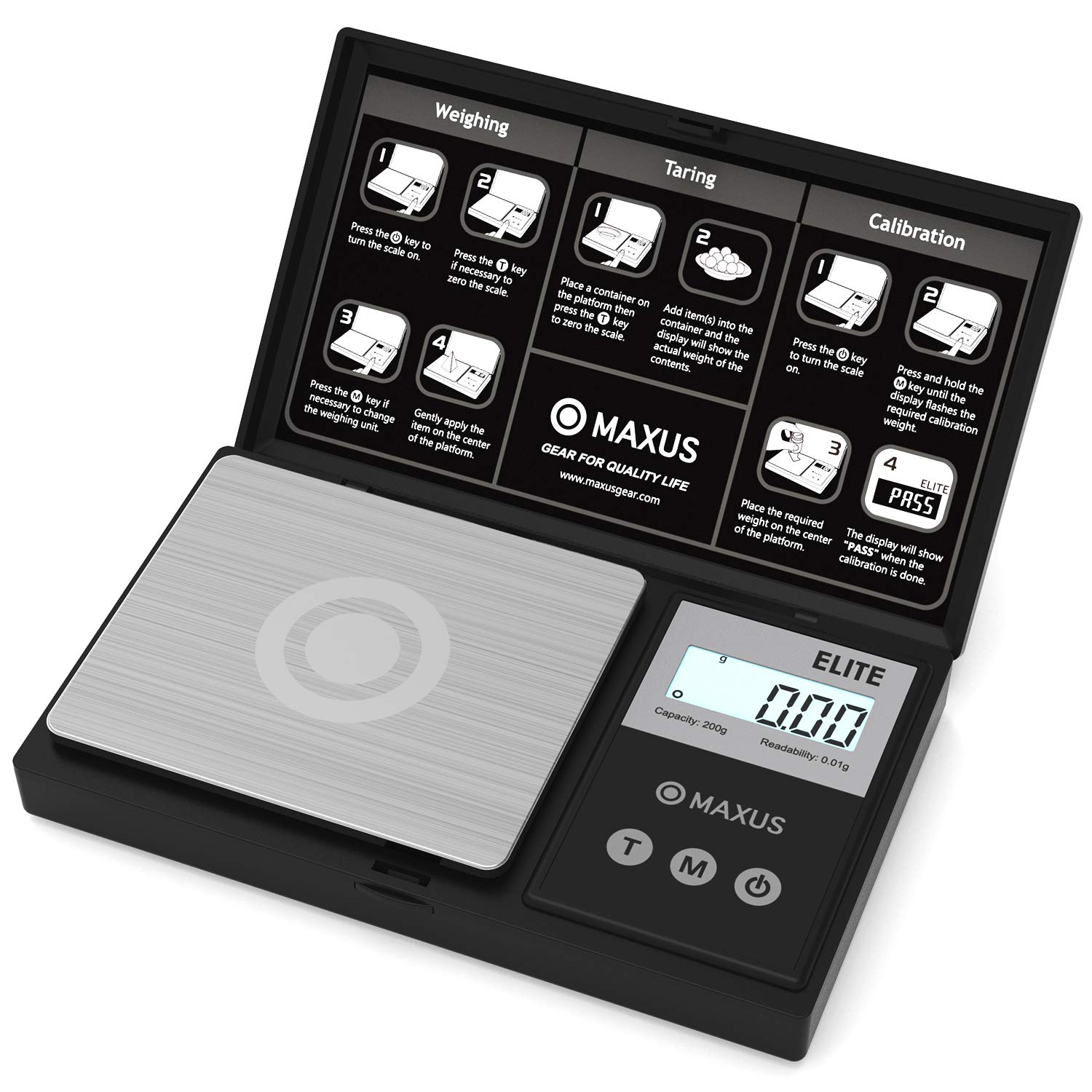 Precision Pocket Scale 200g x 0.01g, MAXUS Elite Digital Gram Scale Small Herb Scale Mini Food Scale Jewelry Scale Ounces/ Grains Scale, Easy to Carry, Great for Travel ,Backlit LCD, Stainless Steel