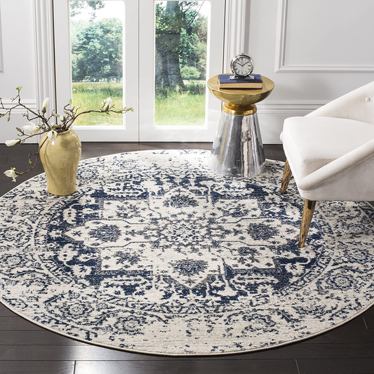 Safavieh Madison Collection MAD603D Oriental Snowflake Medallion Distressed Non-Shedding Dining Room Entryway Foyer Living Room Bedroom Area Rug, 5'3" x 5'3" Round, Cream / Navy