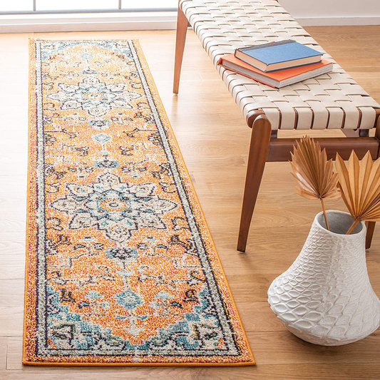 Safavieh Madison Collection MAD473P Boho Chic Medallion Distressed Non-Shedding Stain Resistant Living Room Bedroom Area Rug, 2' x 8', Orange / Teal