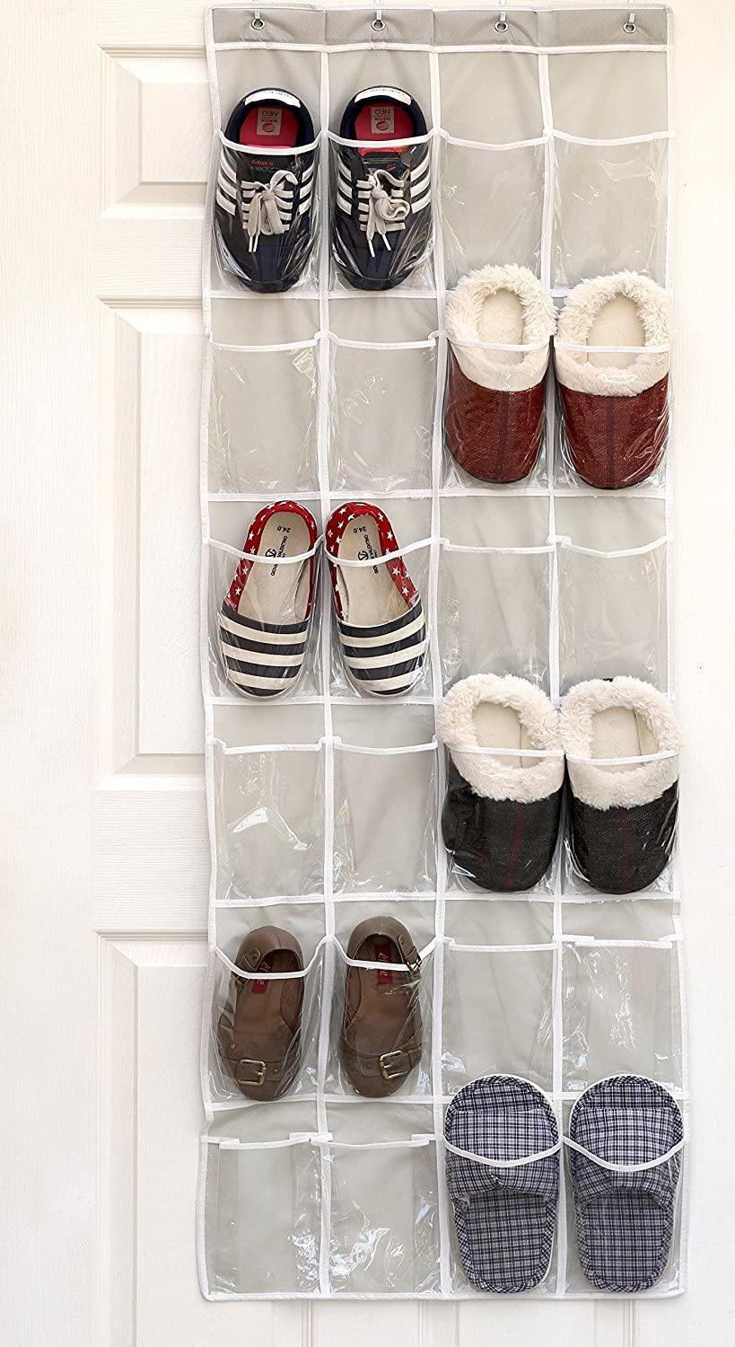 24 Pockets - SimpleHouseware Crystal Clear Over The Door Hanging Shoe Organizer, Pink