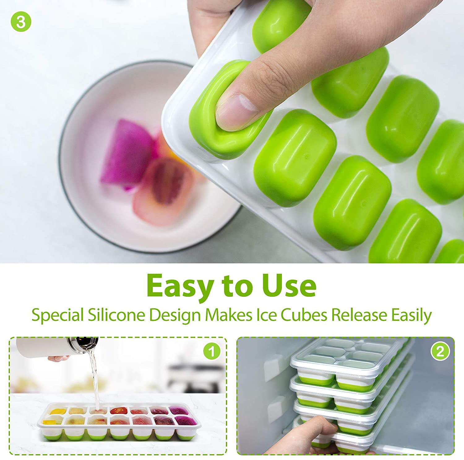 DOQAUS Ice Cube Trays 4 Pack, Easy-Release Silicone & Flexible 14-Ice Cube Trays with Spill-Resistant Removable Lid, LFGB Certified and BPA Free, for Cocktail, Freezer, Stackable Ice Trays