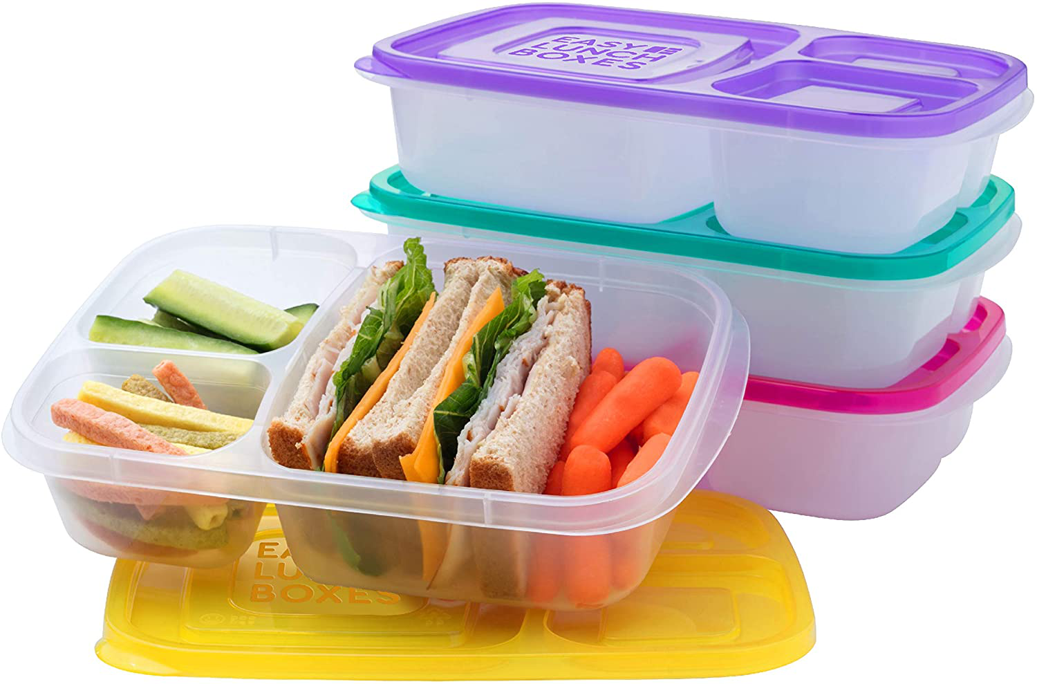EasyLunchboxes - Bento Lunch Boxes - Reusable 3-Compartment Food Containers for School, Work, and Travel, Set of 4, Brights