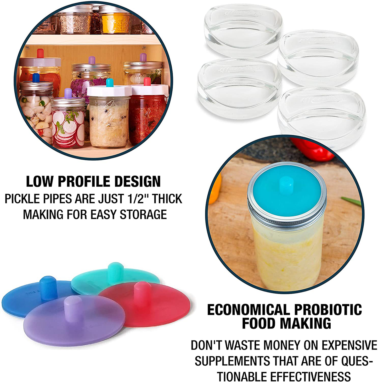 Masontops Pickle Pipes - Waterless Airlock Fermentation Lids - Regular Mouth Mason Jar Fermenter Caps - Premium Silicone