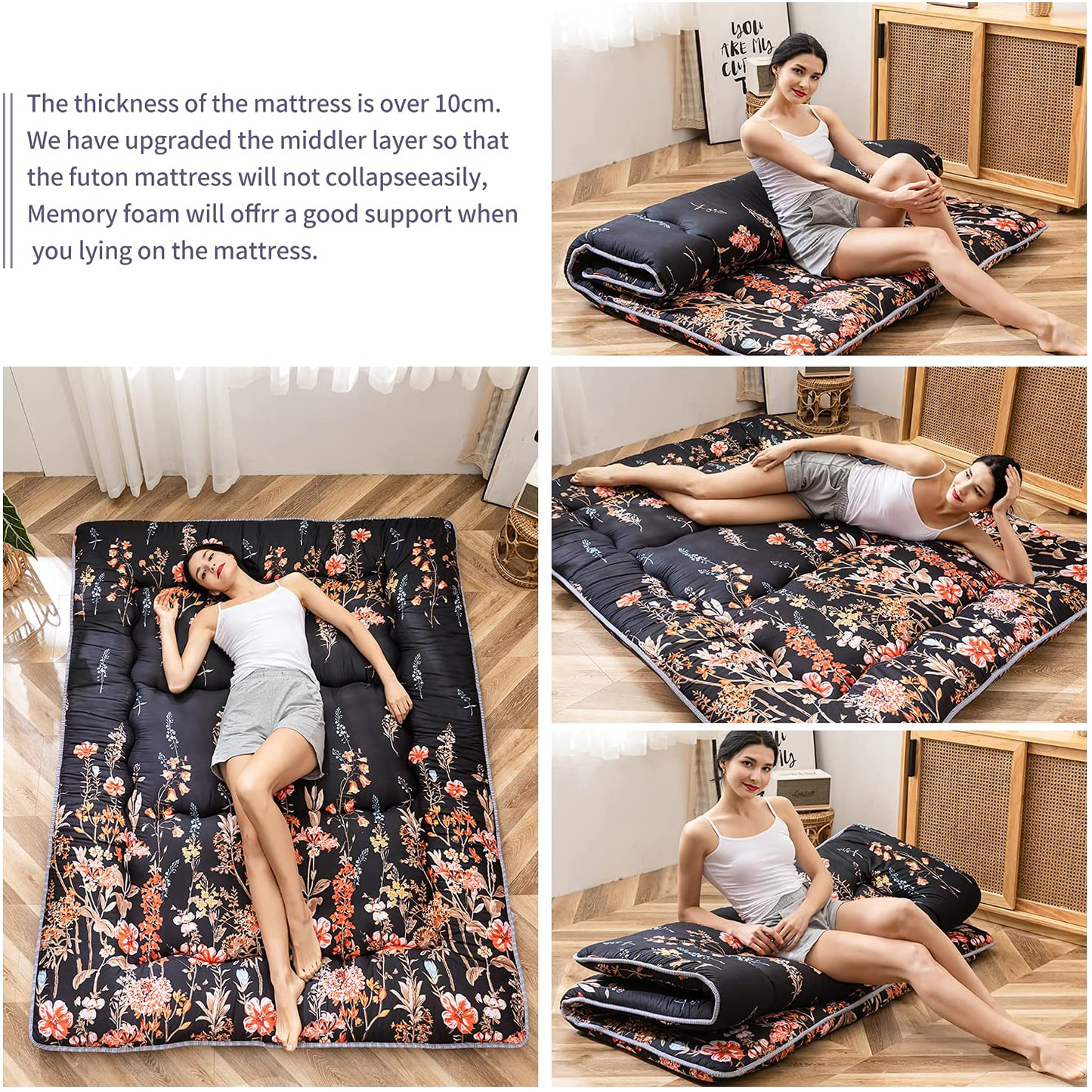 Floral Japanese Futon Floor Mattress, Bed Mattress Topper with Roll Up Design 
