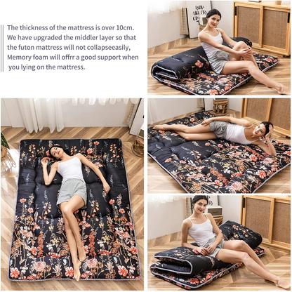 Floral Japanese Futon Floor Mattress, Bed Mattress Topper with Roll Up Design 