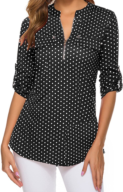 LuckyMore Womens V Neck Zip Cuffed Sleeve Flowy Business Casual Work Tunic Tops Shirts Blouse