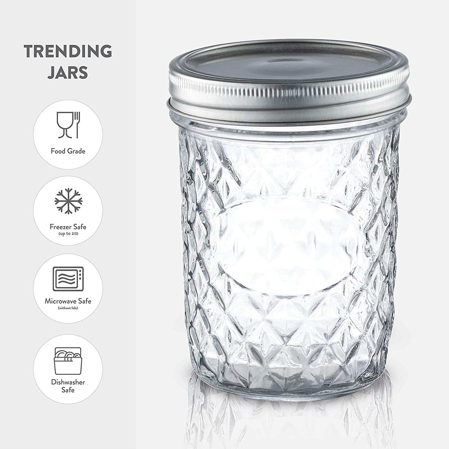 Quilted Wide Mouth Glass Mason Jars - 16-Ounce (6-Pack) Canning Jars with Lids and Bands, Chalkboard Labels, for Canning, Preserving, Pickling, Meal Prep, Jam, Jelly, Overnight Oats, Dishwasher Safe