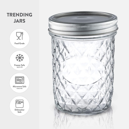 Quilted Wide Mouth Glass Mason Jars - 16-Ounce (6-Pack) Canning Jars with Lids and Bands, Chalkboard Labels, for Canning, Preserving, Pickling, Meal Prep, Jam, Jelly, Overnight Oats, Dishwasher Safe