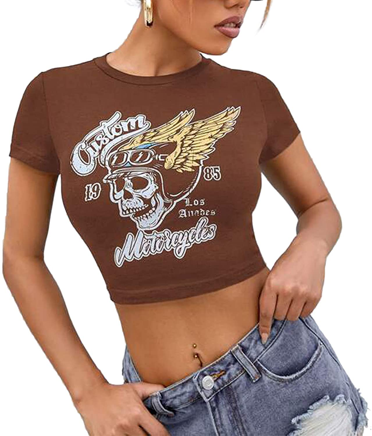 Women's Graphic Print Crop Top Vintage Punk Portrait Shirts Summer Slim Short Sleeve T Shirt Tops Y2k Fashion Clothes