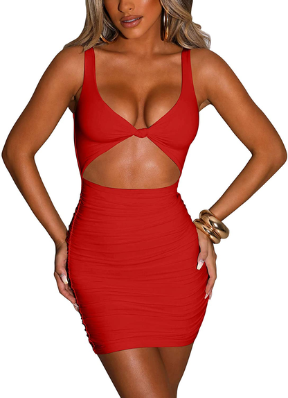 Kaximil Women's Sexy Bodycon Sleeveless Cut Out Ruched Tank Mini Club Party Dresses