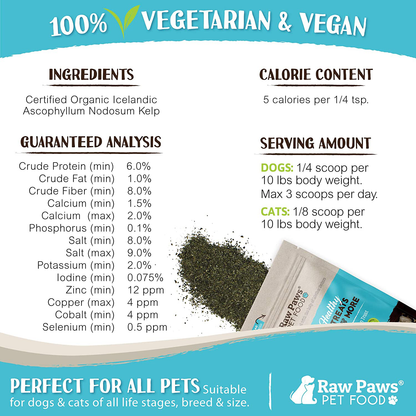 Raw Paws Pet Organic Sea Kelp for Dogs & Cats, 16-oz Seaweed Powder - Icelandic Kelp Supplements for Dogs Supports Thyroid Function - Dried Ocean Kelp for Dogs