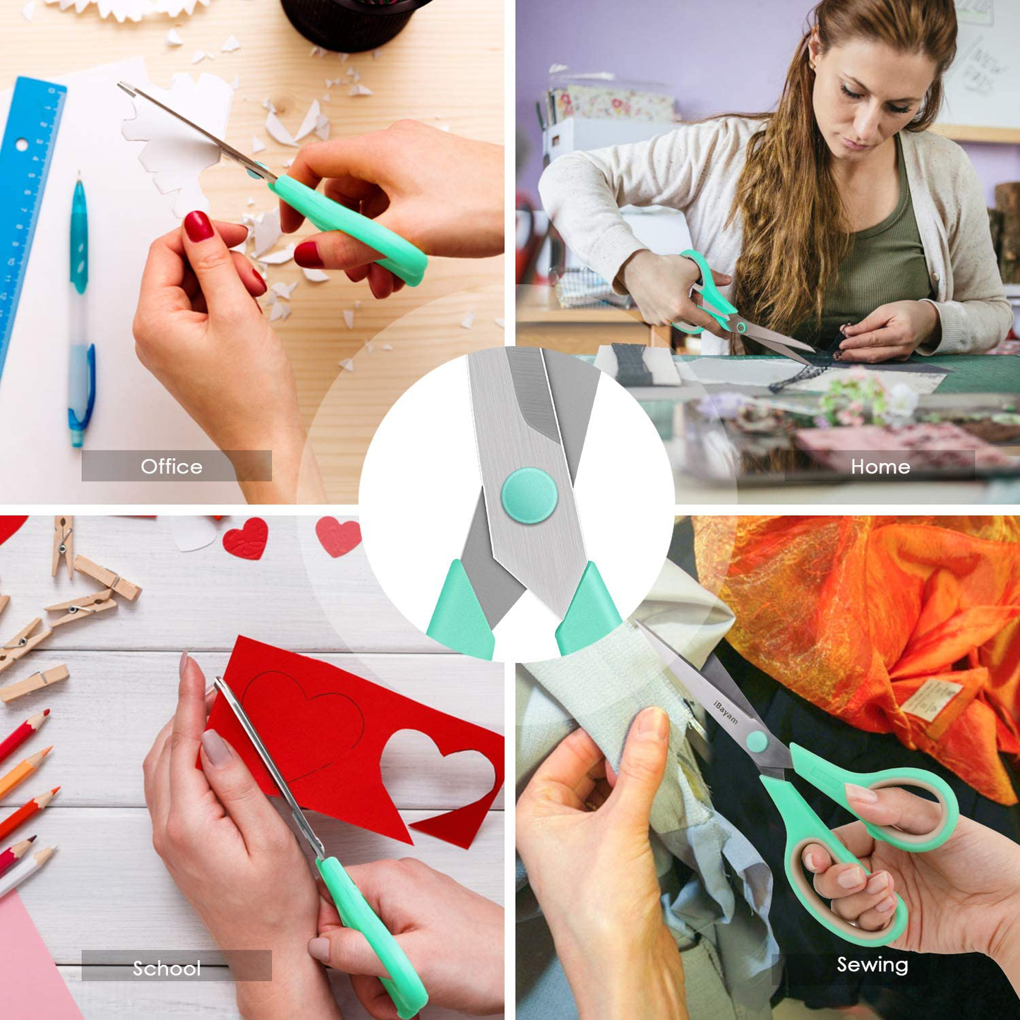 Scissors, iBayam 8" Multipurpose Scissors Bulk 3-Pack, Ultra Sharp Blade Shears, Comfort-Grip Handles, Sturdy Sharp Scissors for Office Home School Sewing Fabric Craft Supplies, Right/Left Handed