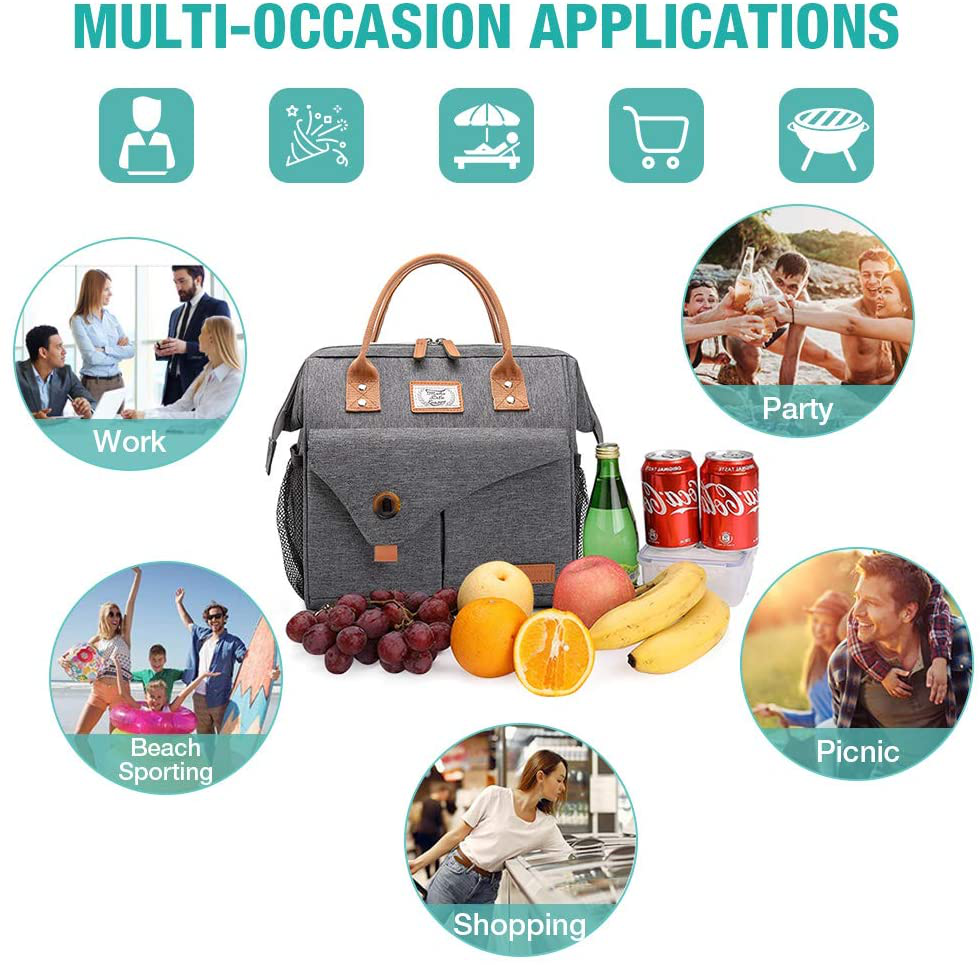 Lekesky Insulated Lunch Bag for Women Lunch Box Leakproof Reusable Cooler Bag for Adult Outdoor Work, Grey