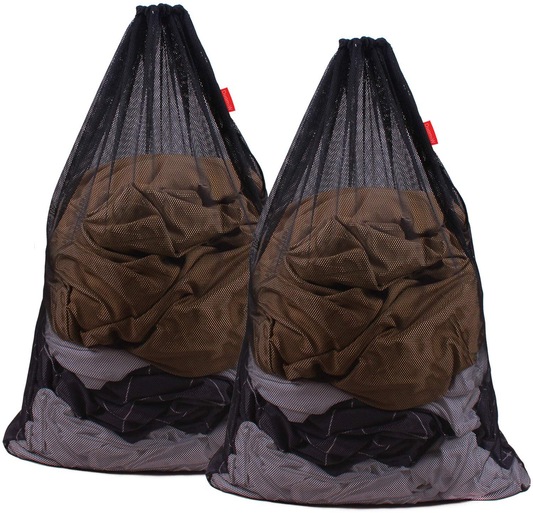 DuomiW Mesh Laundry Bag Heavy Duty Drawstring Bag, Factories, College, Dorm, Travel and Apartment Dwellers, 24 x 36 Inches, 2 Pack, Black