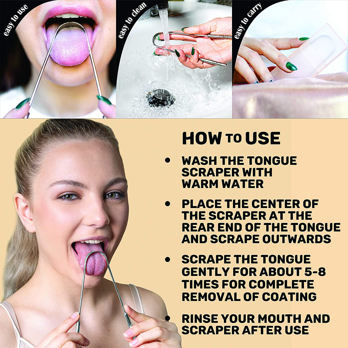 Tongue Scraper with Travel Case - 2 Pack, Fights Bad Breath, Medical Grade 100% Stainless Steel, Great for Oral Care, Tongue Cleaner for Adults and Kids, Easy to Use with Non-Synthetic Handle