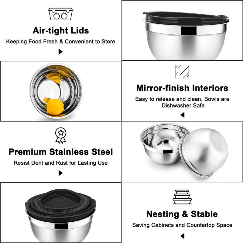 Set of 6 Mixing Bowls with Lids, Stainless Steel Metal Nesting Bowls for Cooking, Baking, Preparing & Serving
