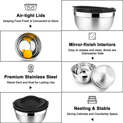 Set of 6 Mixing Bowls with Lids, Stainless Steel Metal Nesting Bowls for Cooking, Baking, Preparing & Serving