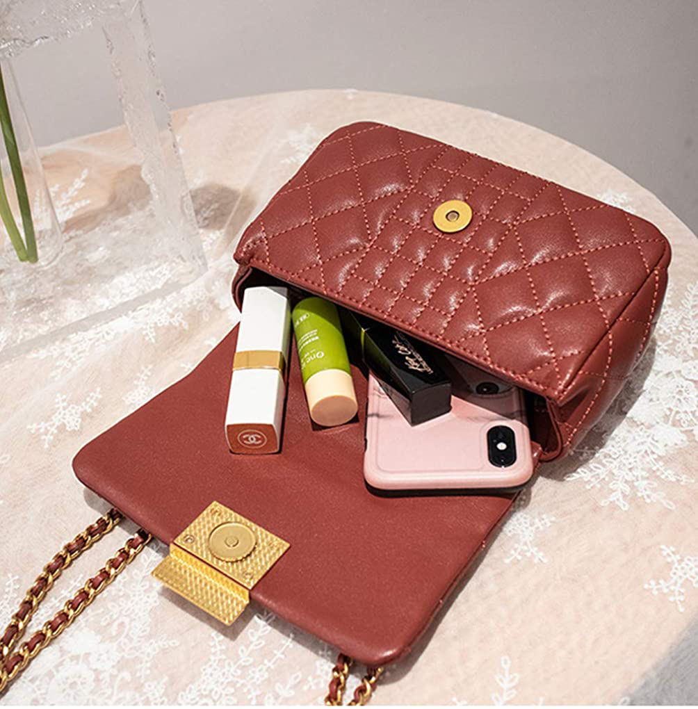 Women's Quilted Genuine Leather Quilted Chain Purse Shoulder Bag Small Crossbody Bag Purse