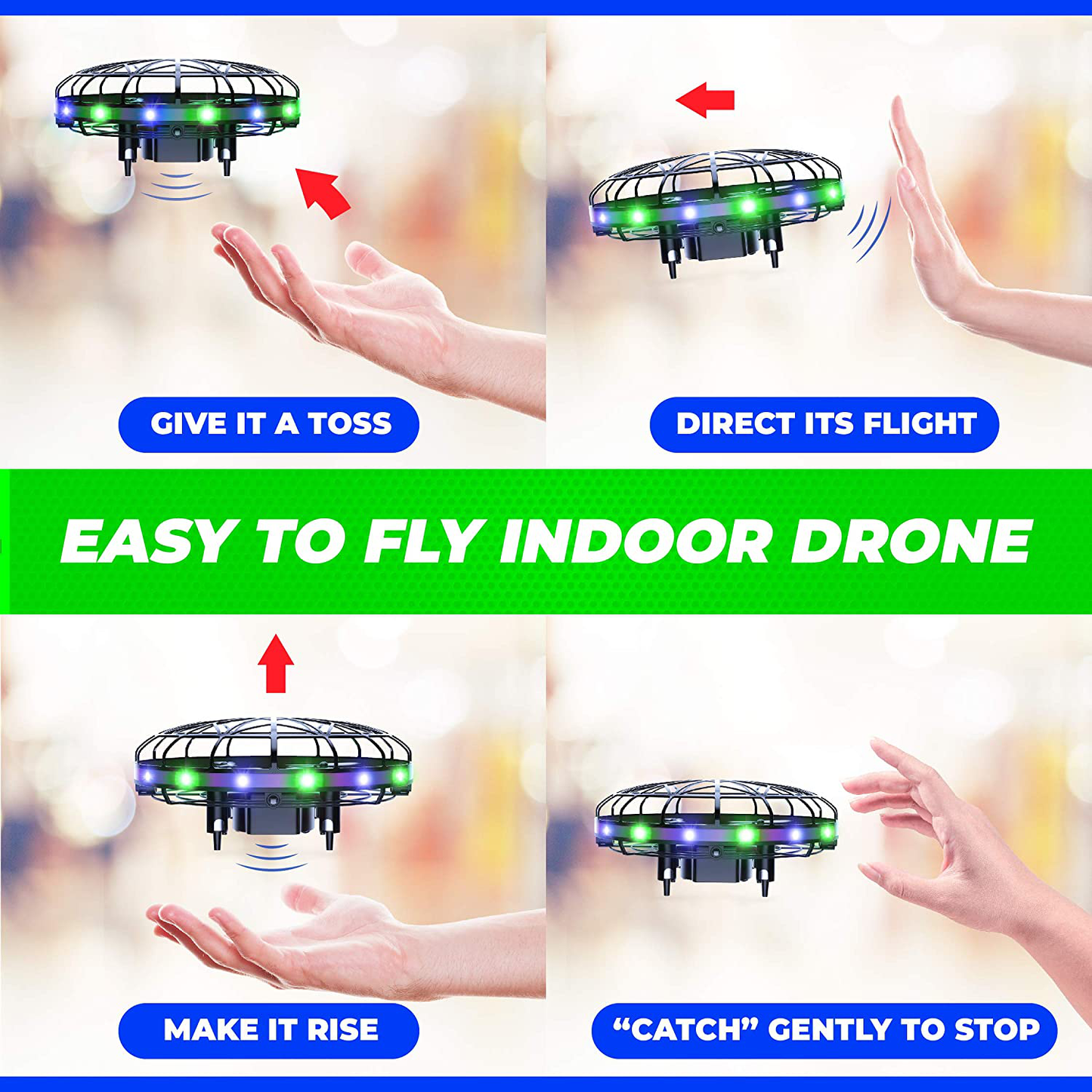 Force1 Scoot LED Hand Operated Drone for Kids or Adults - Hands Free Motion Sensor Mini Drone, Easy Indoor Small UFO Toy Flying Ball Drone Toy for Boys and Girls (Red/Blue)