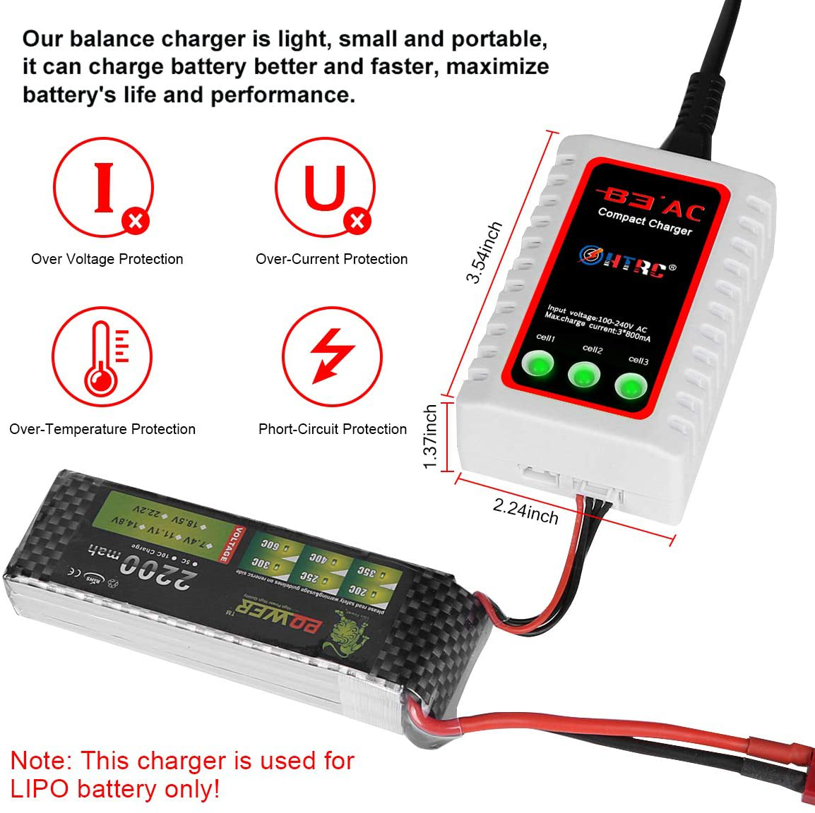 HTRC LiPo Battery Charger 2S-3S RC Balance Charger B3AC Pro Compact Charger for 7.4-11.1V LiPo Batteries(Black)