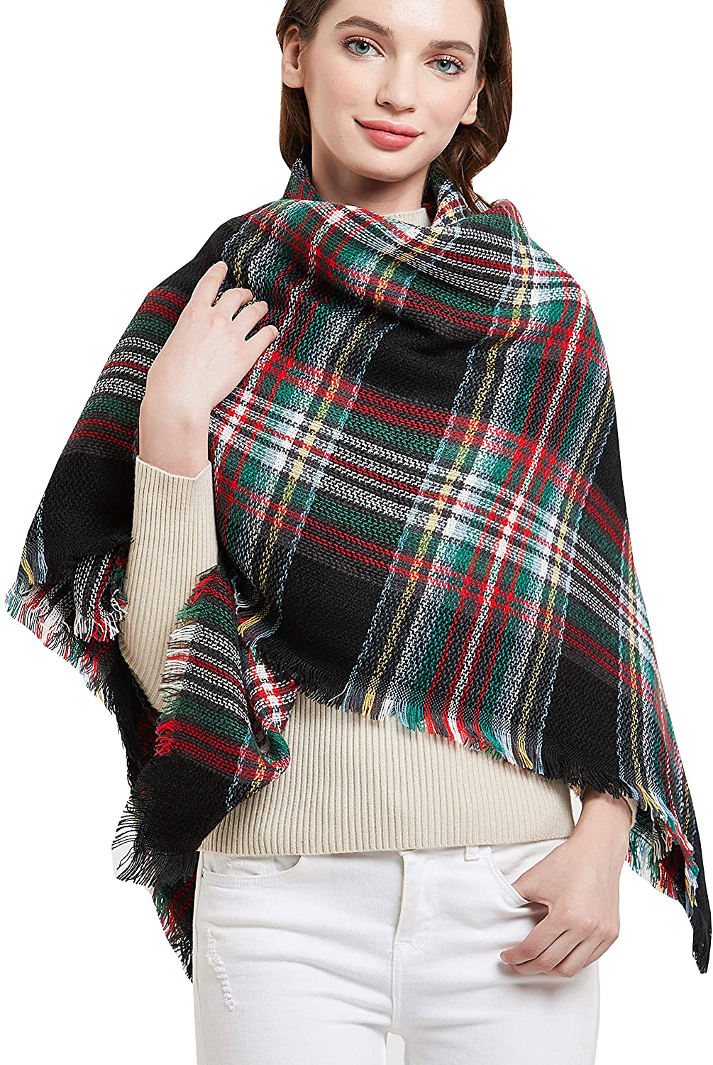 Wander Agio Womens Warm Scarf Square Winter Shawls Large Infinity Scarves Stripe Plaid Scarf