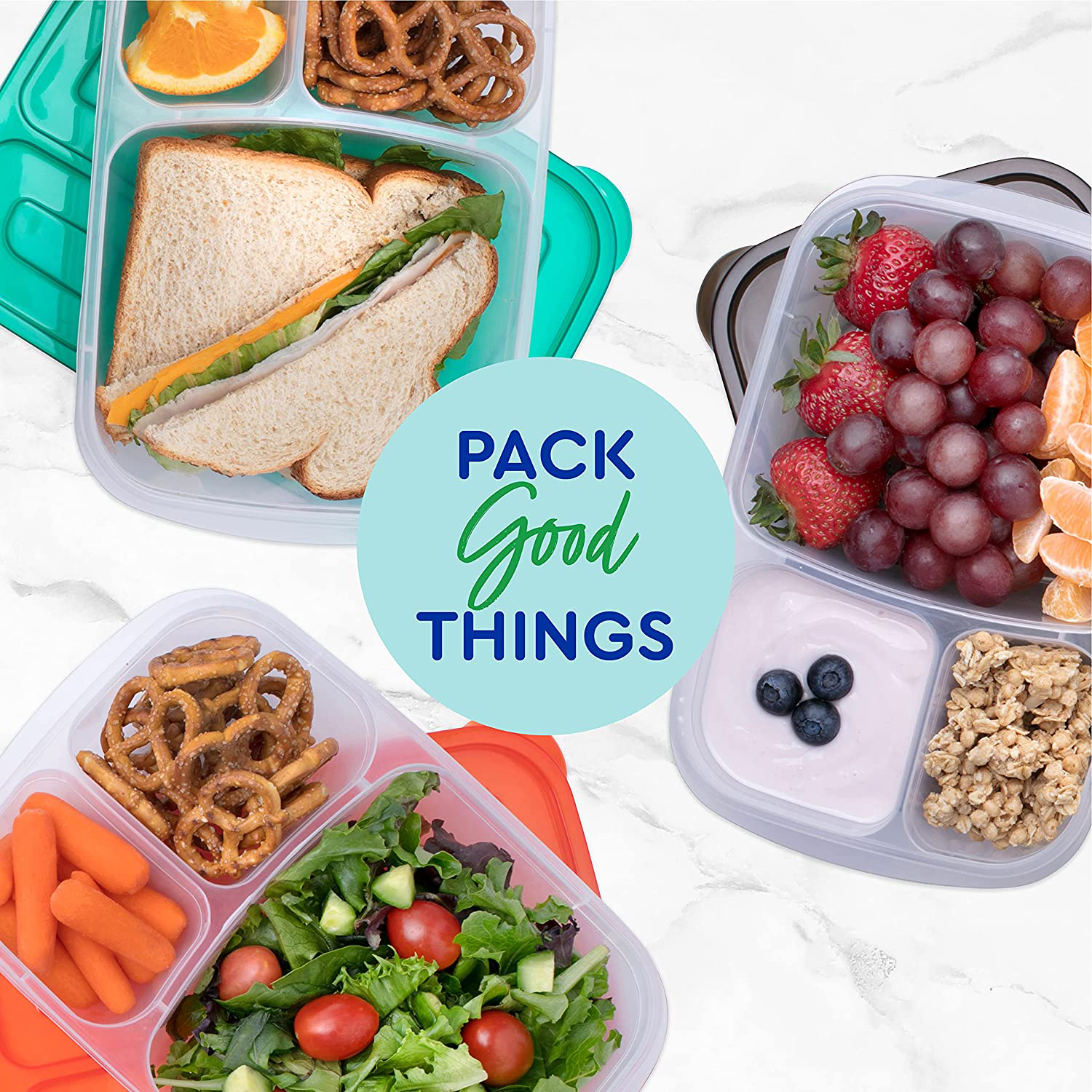 EasyLunchboxes - Bento Lunch Boxes - Reusable 3-Compartment Food Containers for School, Work, and Travel, Set of 4, Classic